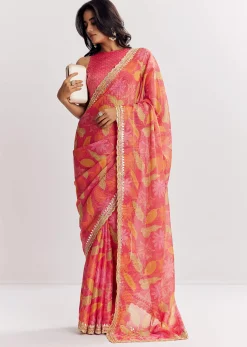 Pink Printed Tissue Lurex Saree With Zari Mirror And Cutdana Embroidery