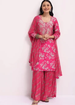 Pink Printed Tussar Kurta Sharara Set With Gotta Pati