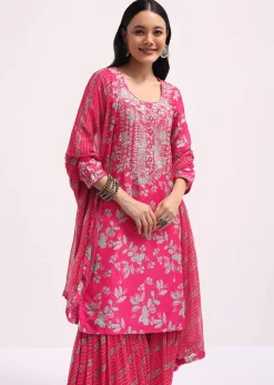 Pink Printed Tussar Kurta Sharara Set With Gotta Pati