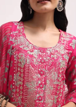 Pink Printed Tussar Kurta Sharara Set With Gotta Pati