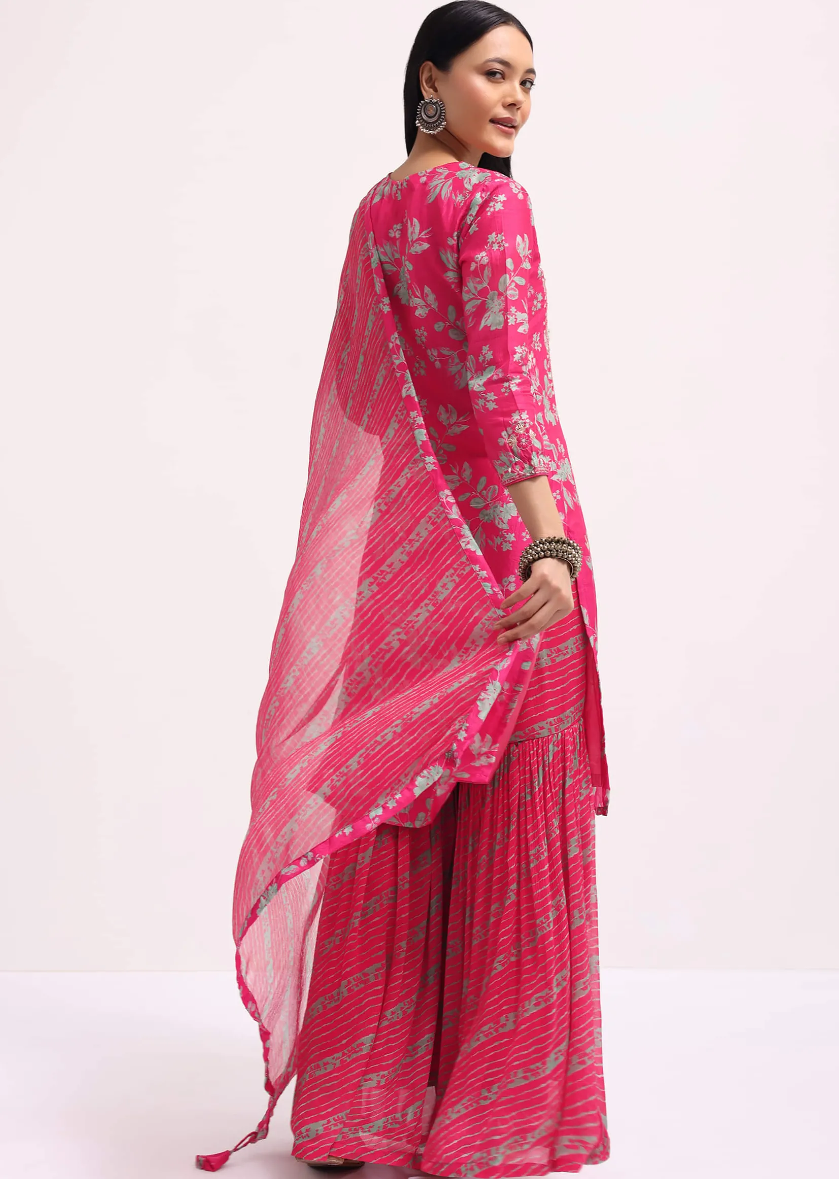 Pink Printed Tussar Kurta Sharara Set With Gotta Pati