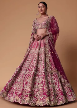 Pink Raw Silk 16 Kali Lehenga And 3D Pearl Embellished Blouse Set