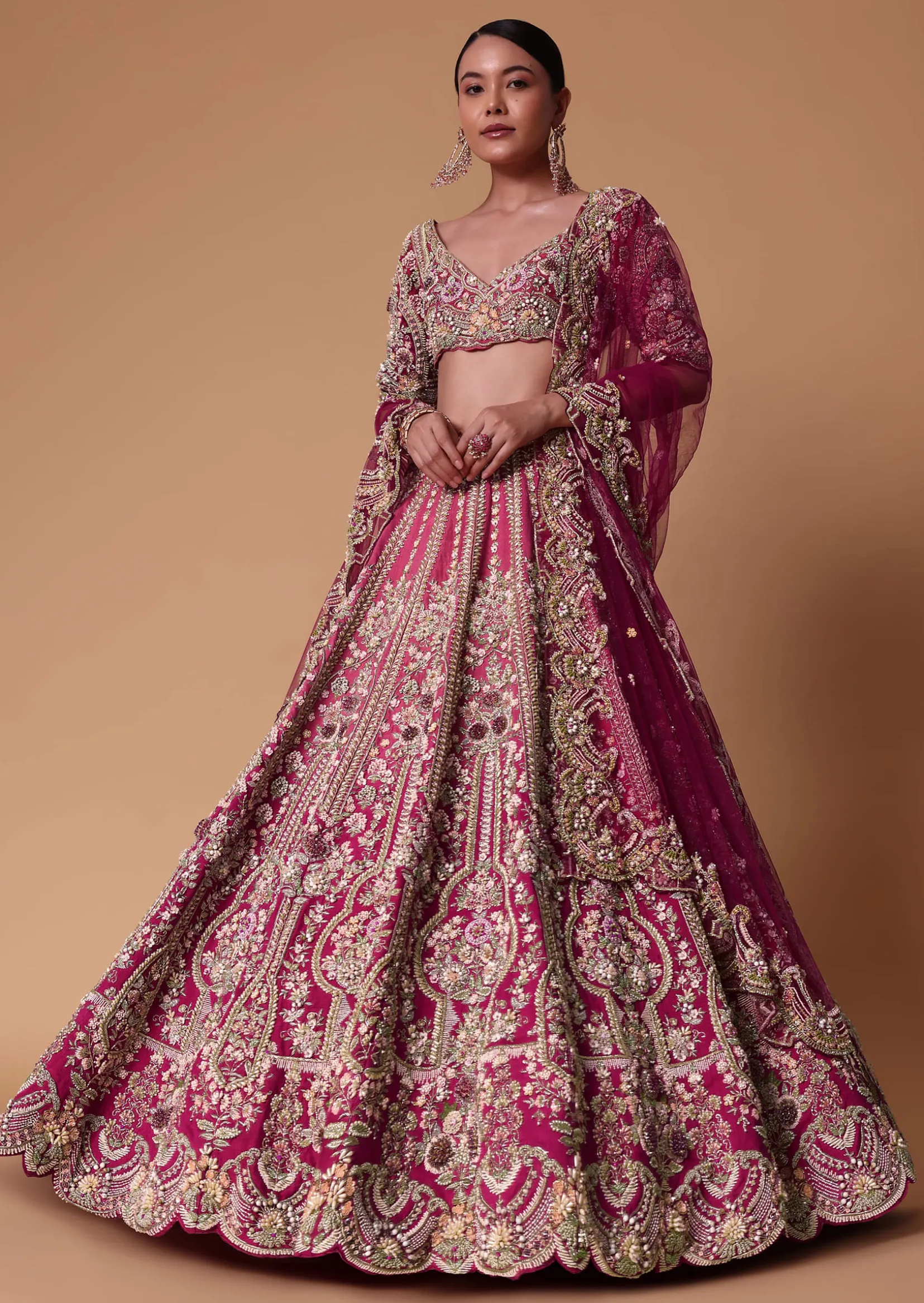 Pink Raw Silk 16 Kali Lehenga And 3D Pearl Embellished Blouse Set