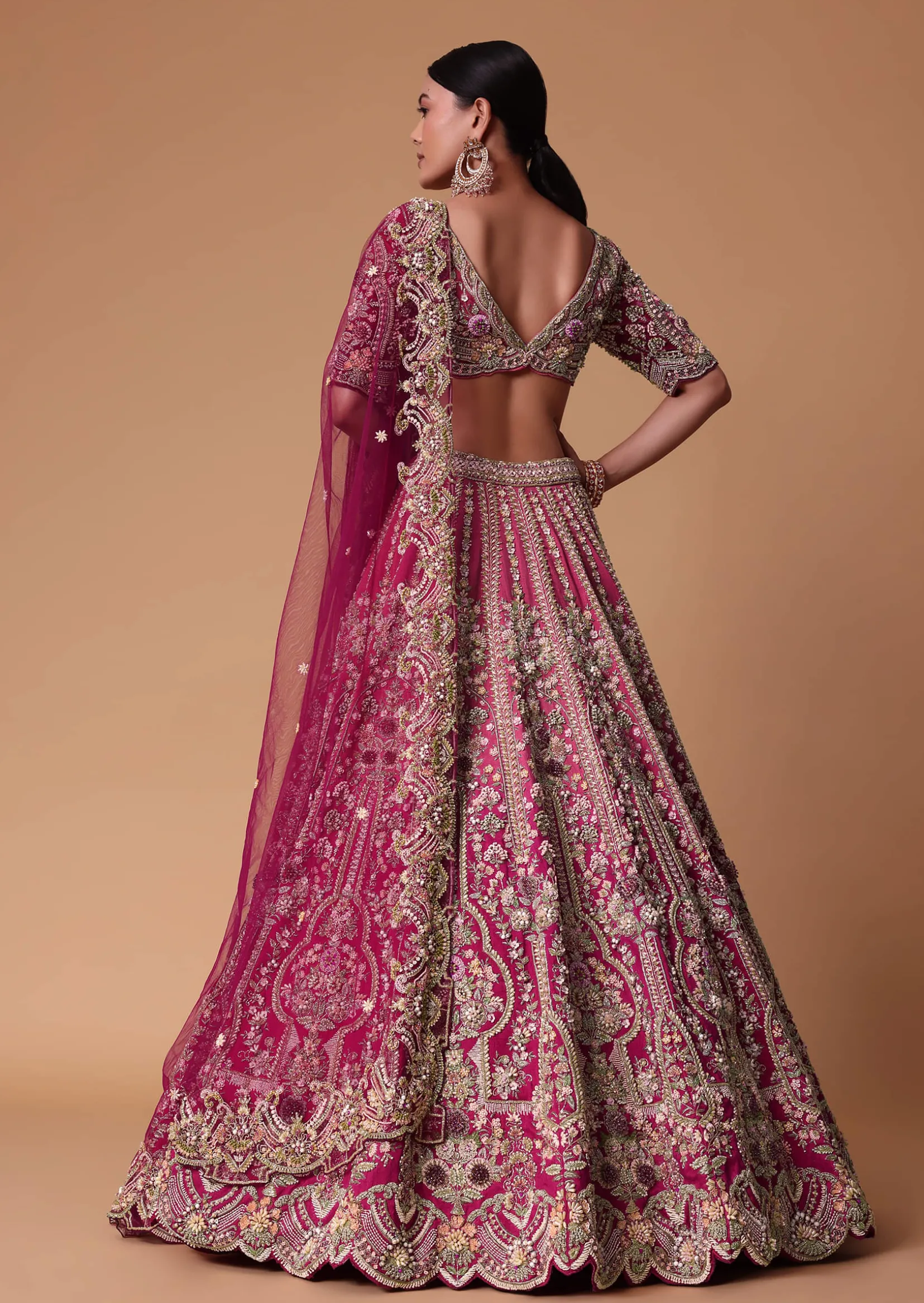 Pink Raw Silk 16 Kali Lehenga And 3D Pearl Embellished Blouse Set