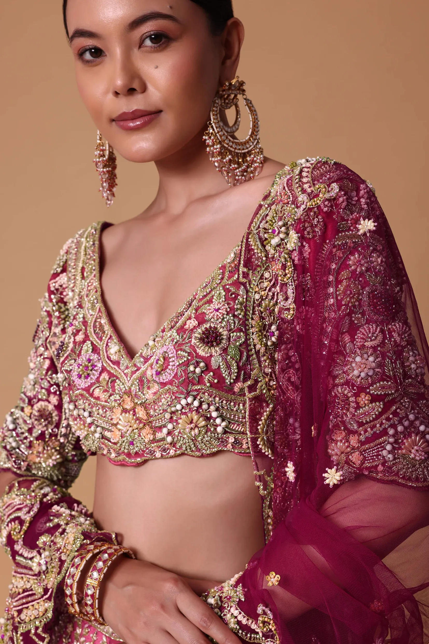 Pink Raw Silk 16 Kali Lehenga And 3D Pearl Embellished Blouse Set