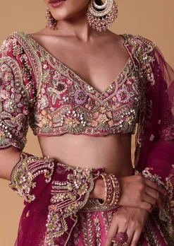 Pink Raw Silk 16 Kali Lehenga And 3D Pearl Embellished Blouse Set