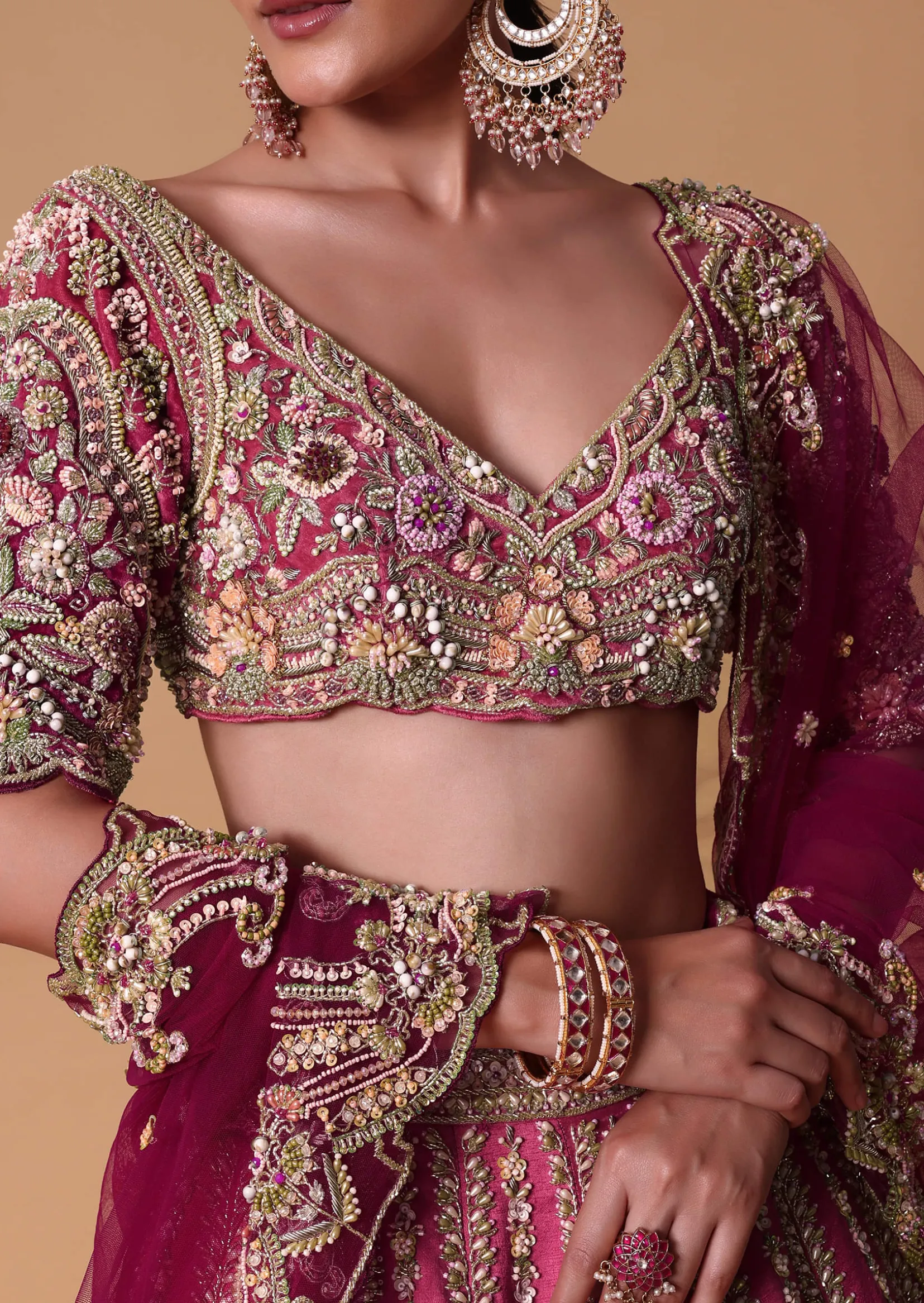 Pink Raw Silk 16 Kali Lehenga And 3D Pearl Embellished Blouse Set