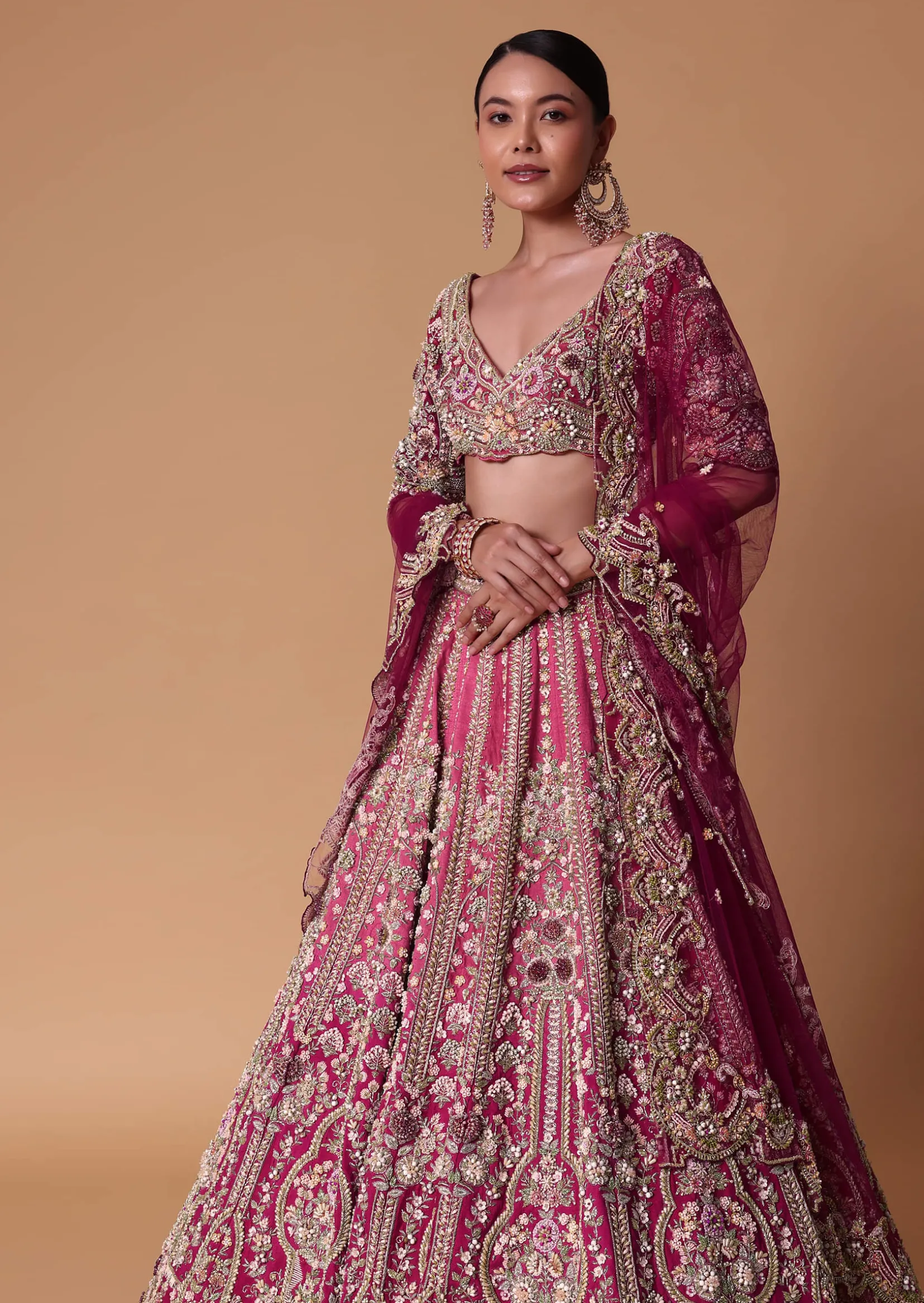 Pink Raw Silk 16 Kali Lehenga And 3D Pearl Embellished Blouse Set