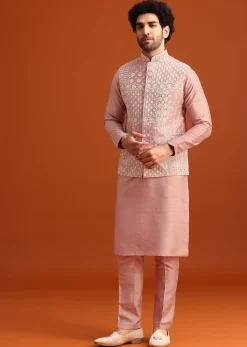 Pink Raw Silk Jacket Kurta Set With Mirror Embellishments