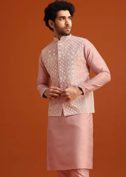 Pink Raw Silk Jacket Kurta Set With Mirror Embellishments