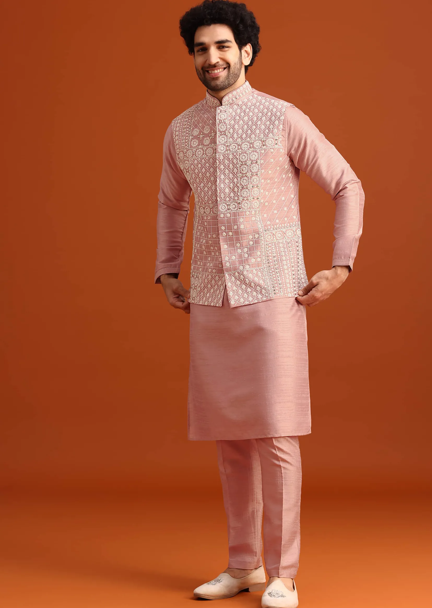 Pink Raw Silk Jacket Kurta Set With Mirror Embellishments