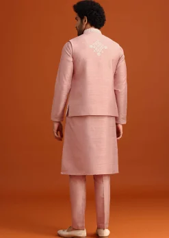 Pink Raw Silk Jacket Kurta Set With Mirror Embellishments