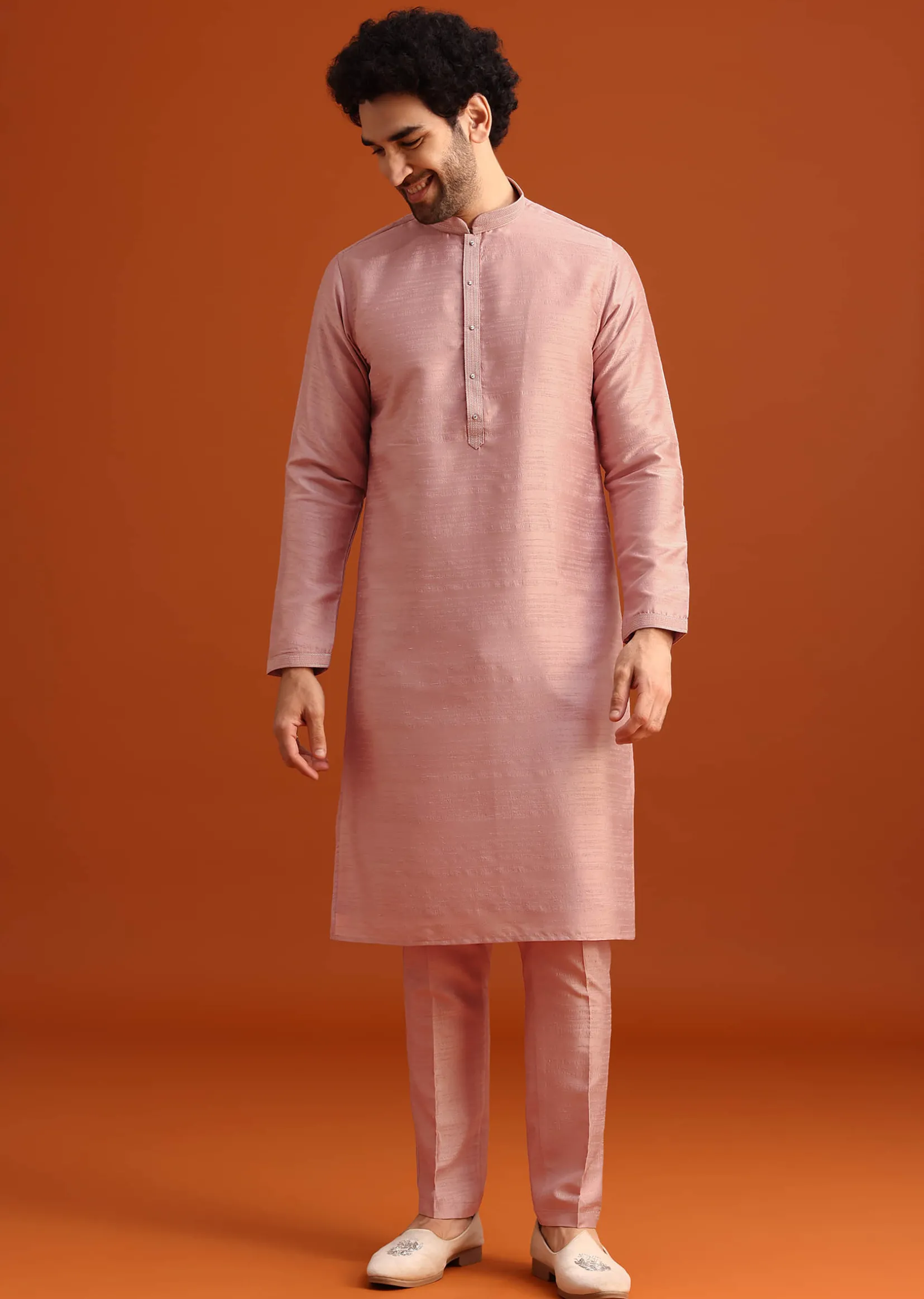 Pink Raw Silk Jacket Kurta Set With Mirror Embellishments