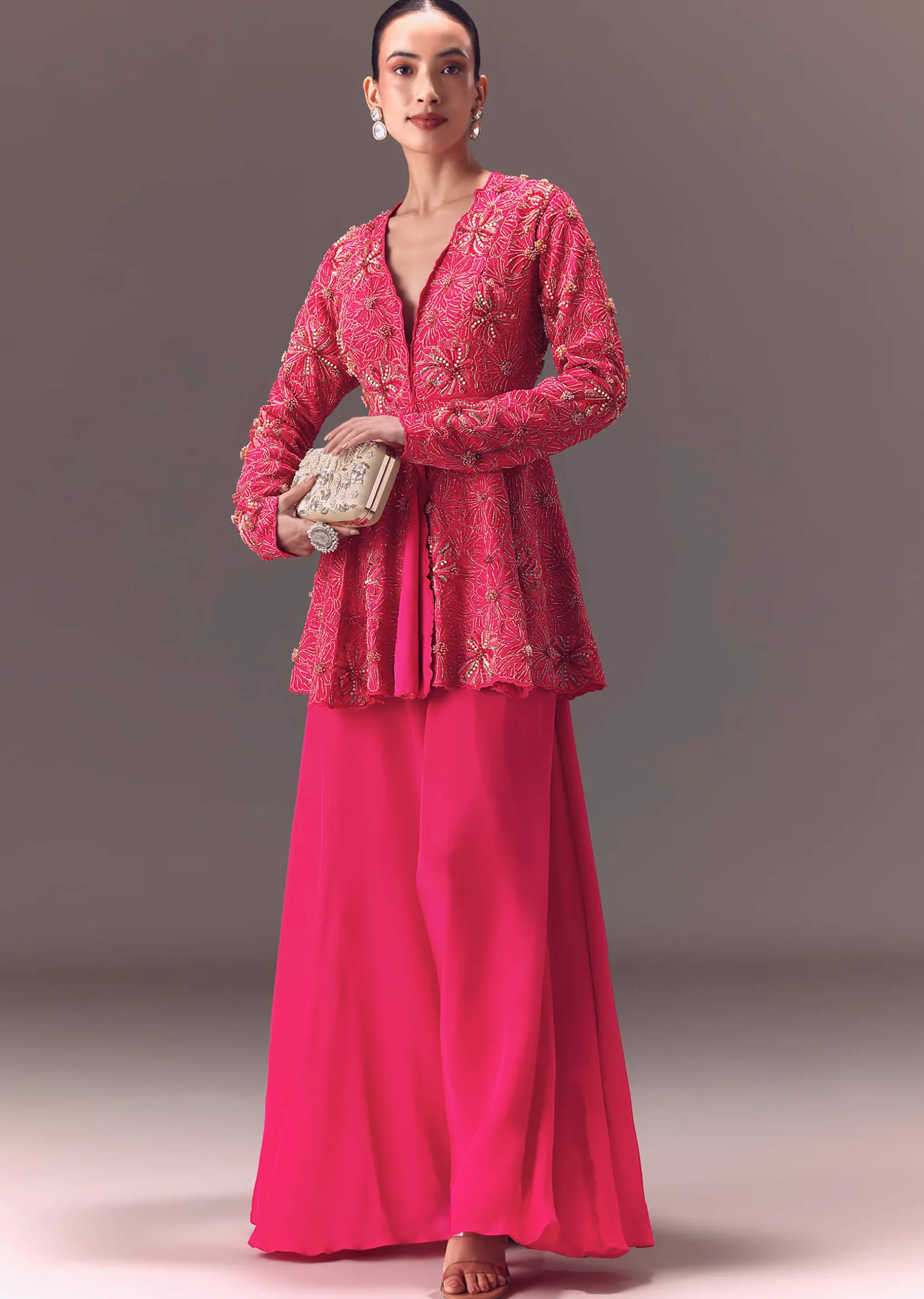 Pink Raw Silk Peplum With Double Circular Palazzo Pants