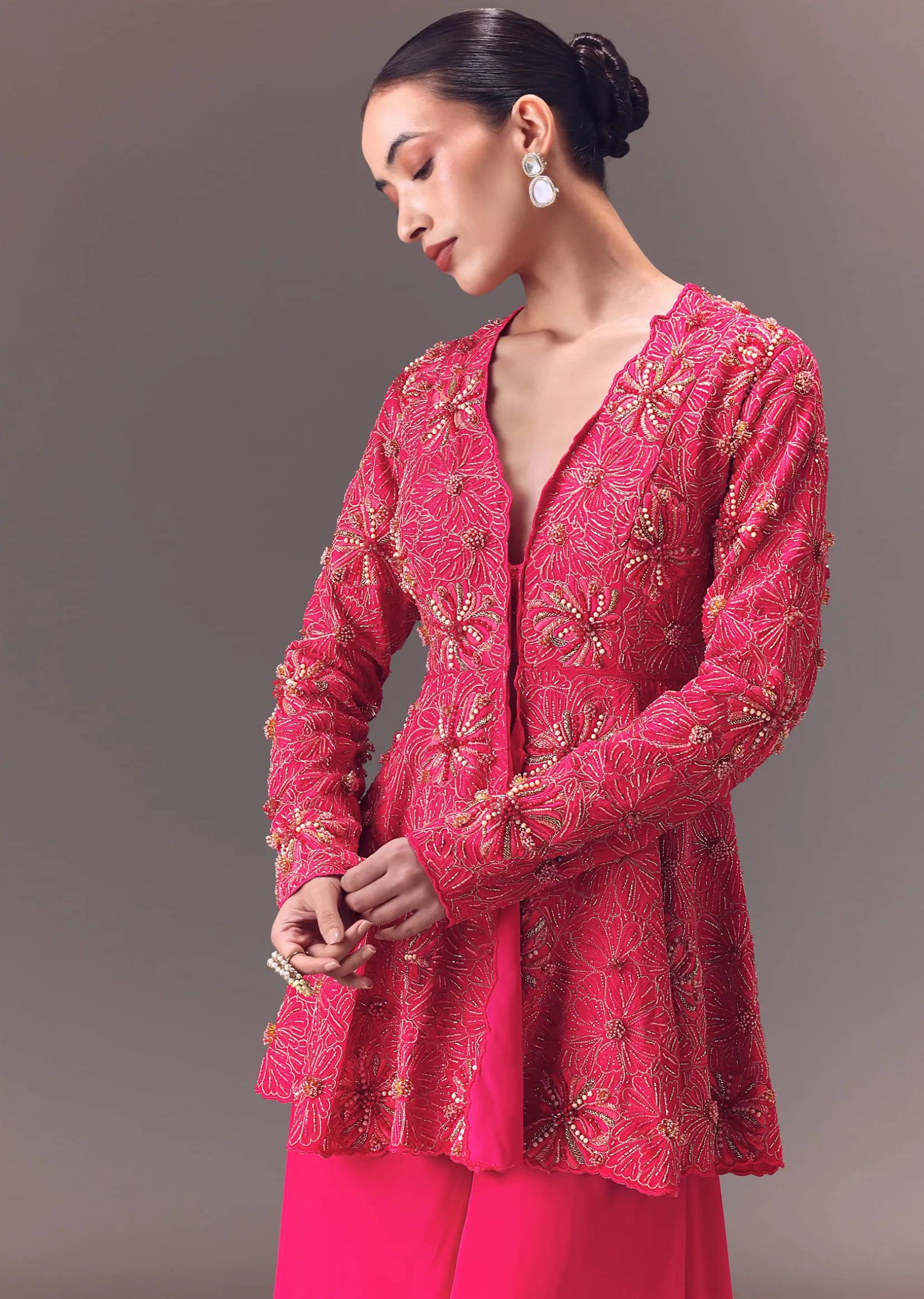 Pink Raw Silk Peplum With Double Circular Palazzo Pants