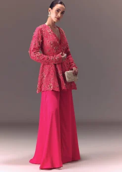 Pink Raw Silk Peplum With Double Circular Palazzo Pants