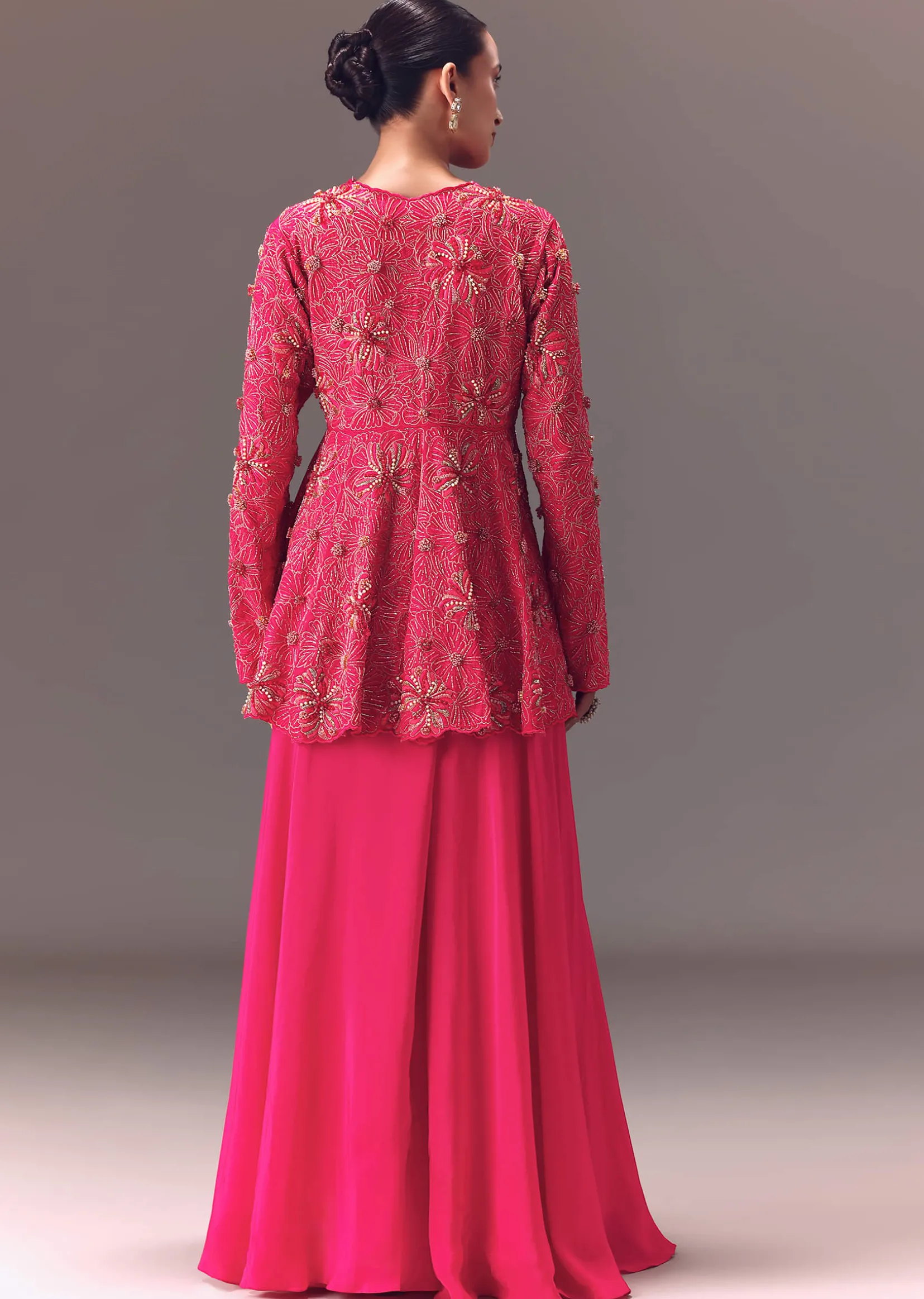 Pink Raw Silk Peplum With Double Circular Palazzo Pants