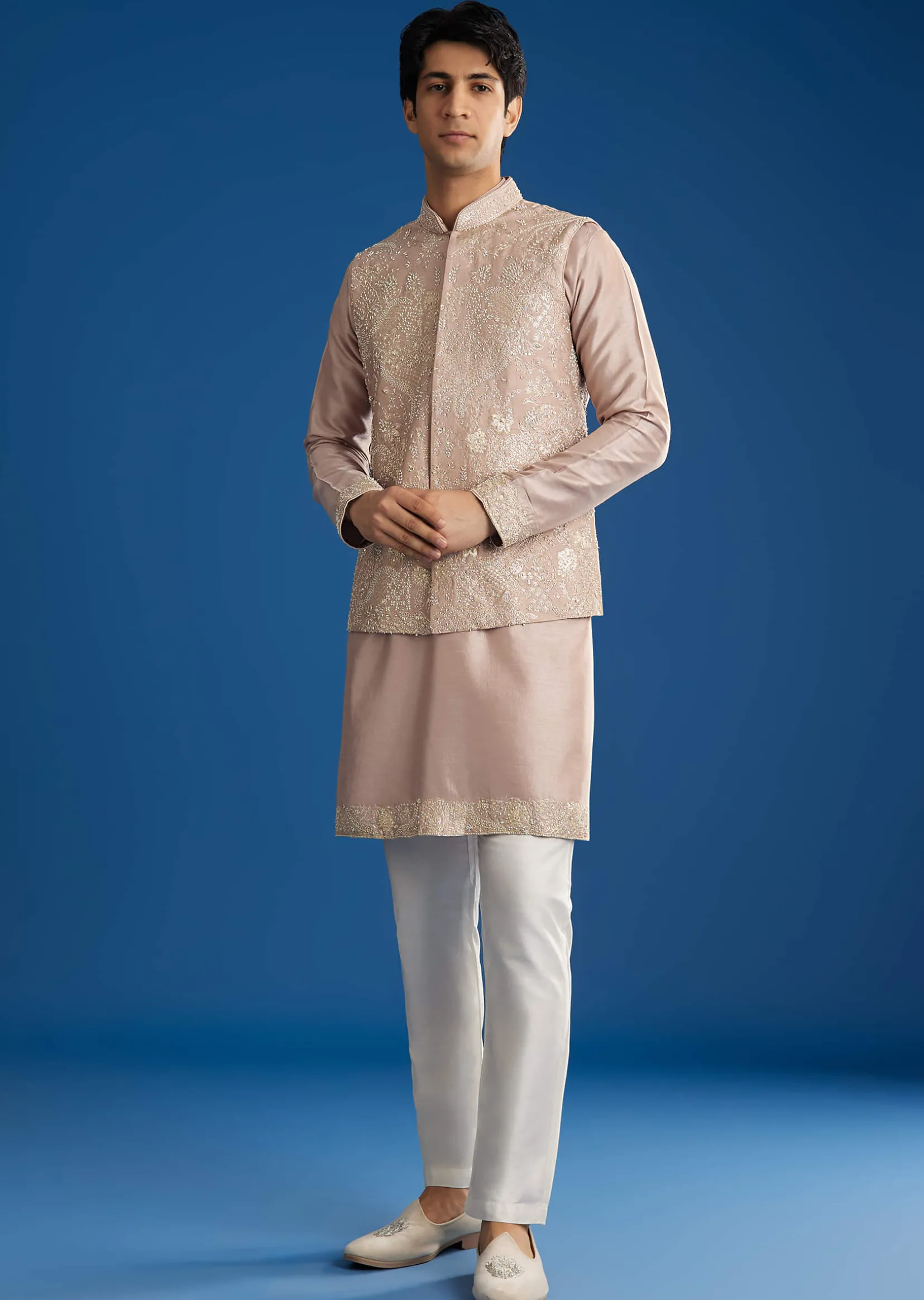 Pink Rawsilk Jacket Kurta Set With Zari Sequins And Cut Dana