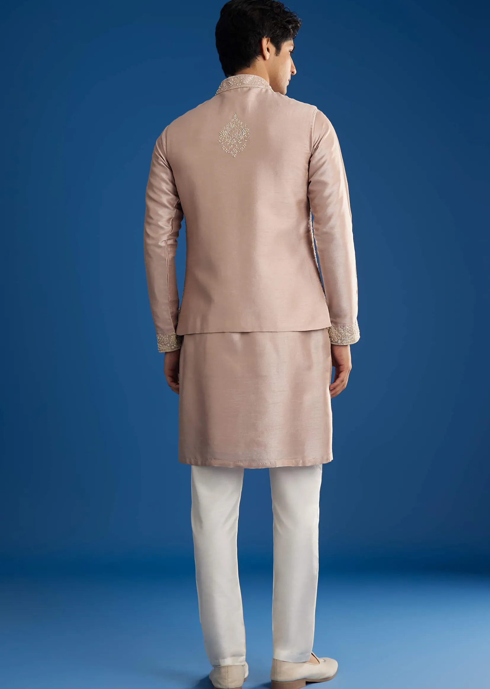 Pink Rawsilk Jacket Kurta Set With Zari Sequins And Cut Dana