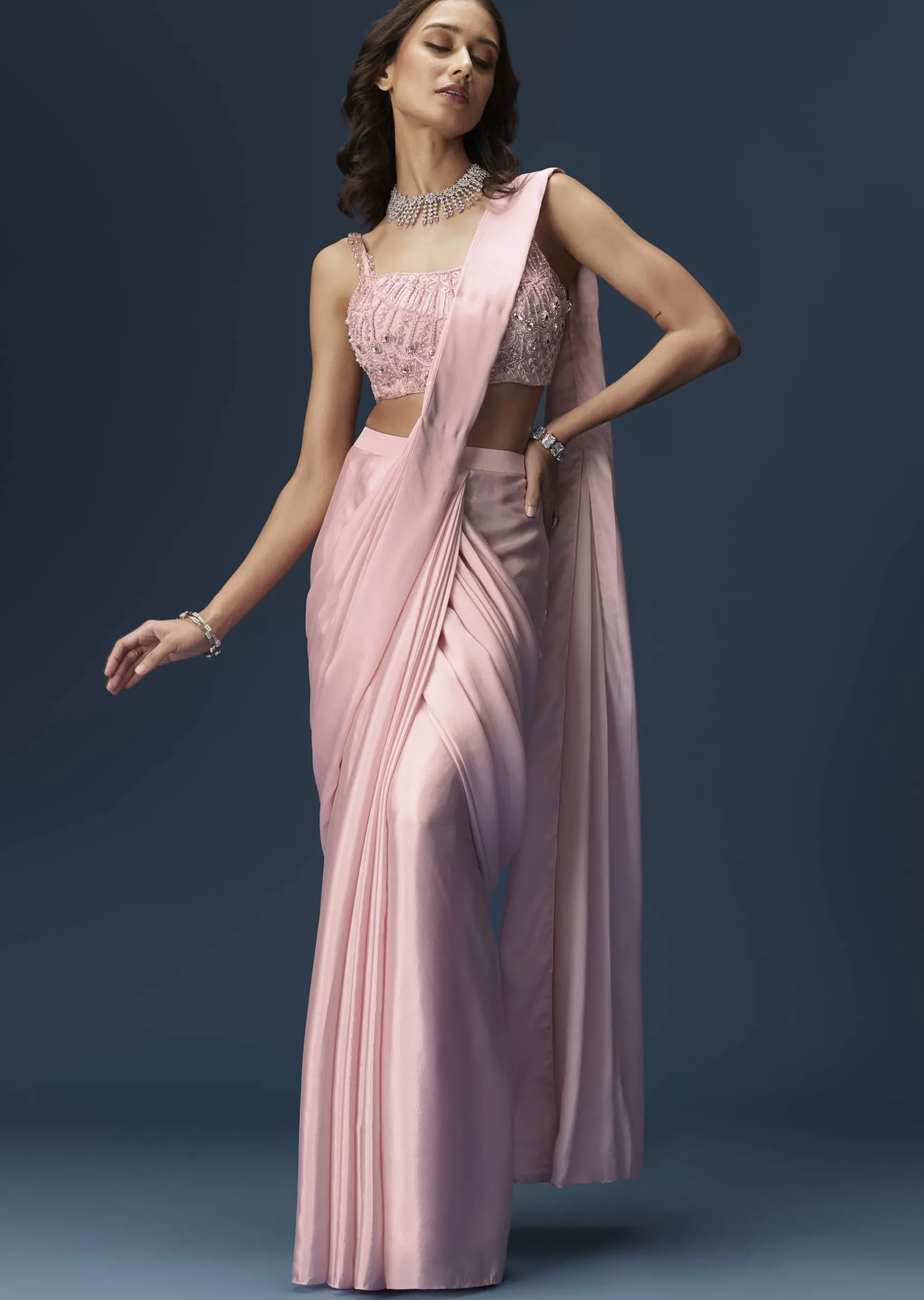 Pink Ready Pleated Saree With Embroidered Blouse