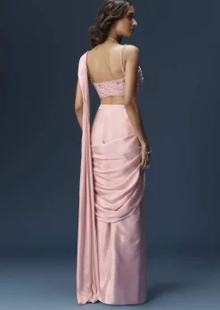 Pink Ready Pleated Saree With Embroidered Blouse