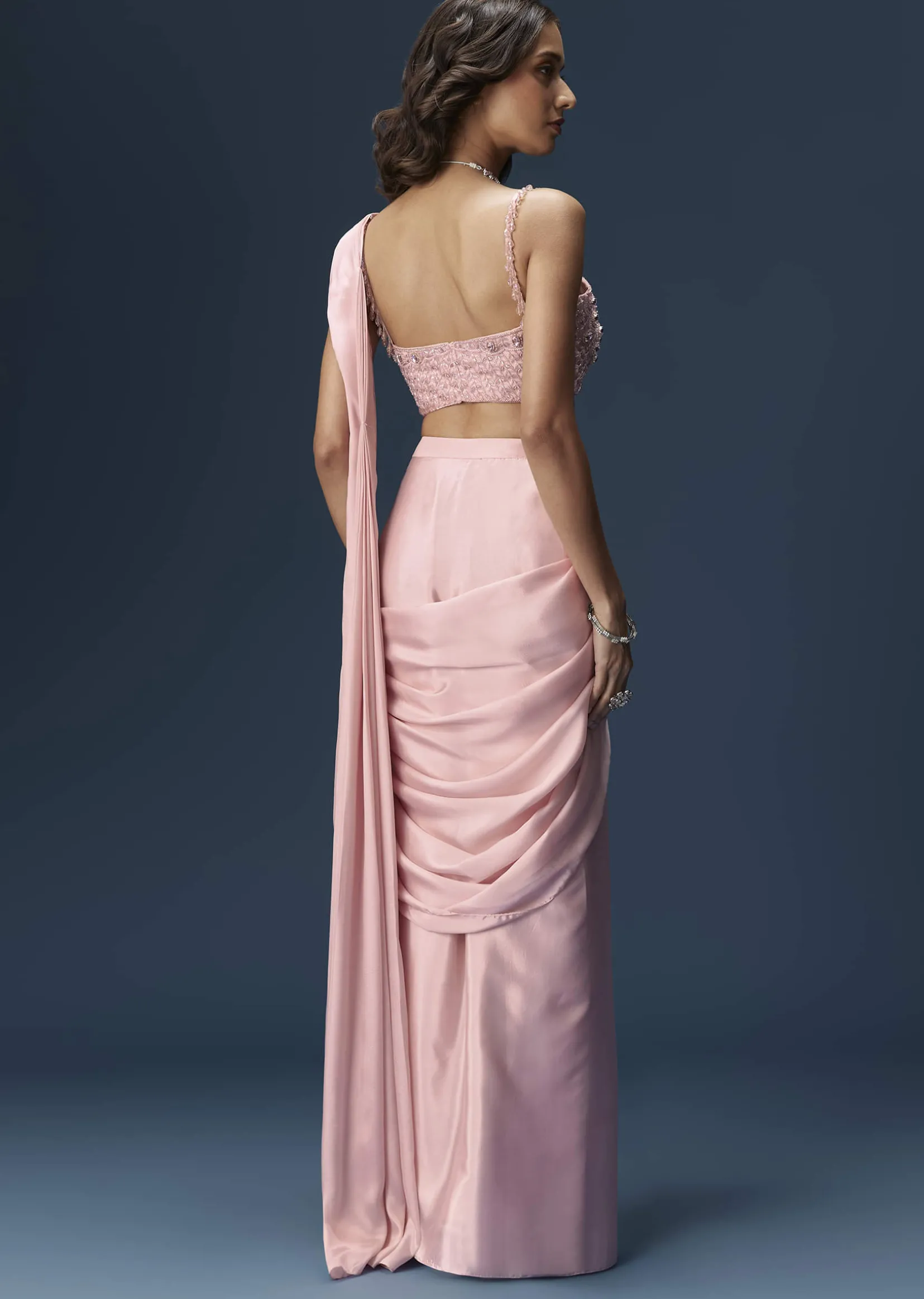 Pink Ready Pleated Saree With Embroidered Blouse
