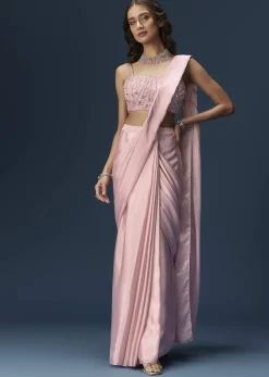 Pink Ready Pleated Saree With Embroidered Blouse