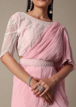 Pink Readymade Frill Saree With Heavy Bead Work Blouse