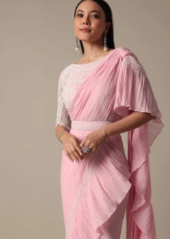 Pink Readymade Frill Saree With Heavy Bead Work Blouse