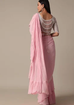 Pink Readymade Frill Saree With Heavy Bead Work Blouse