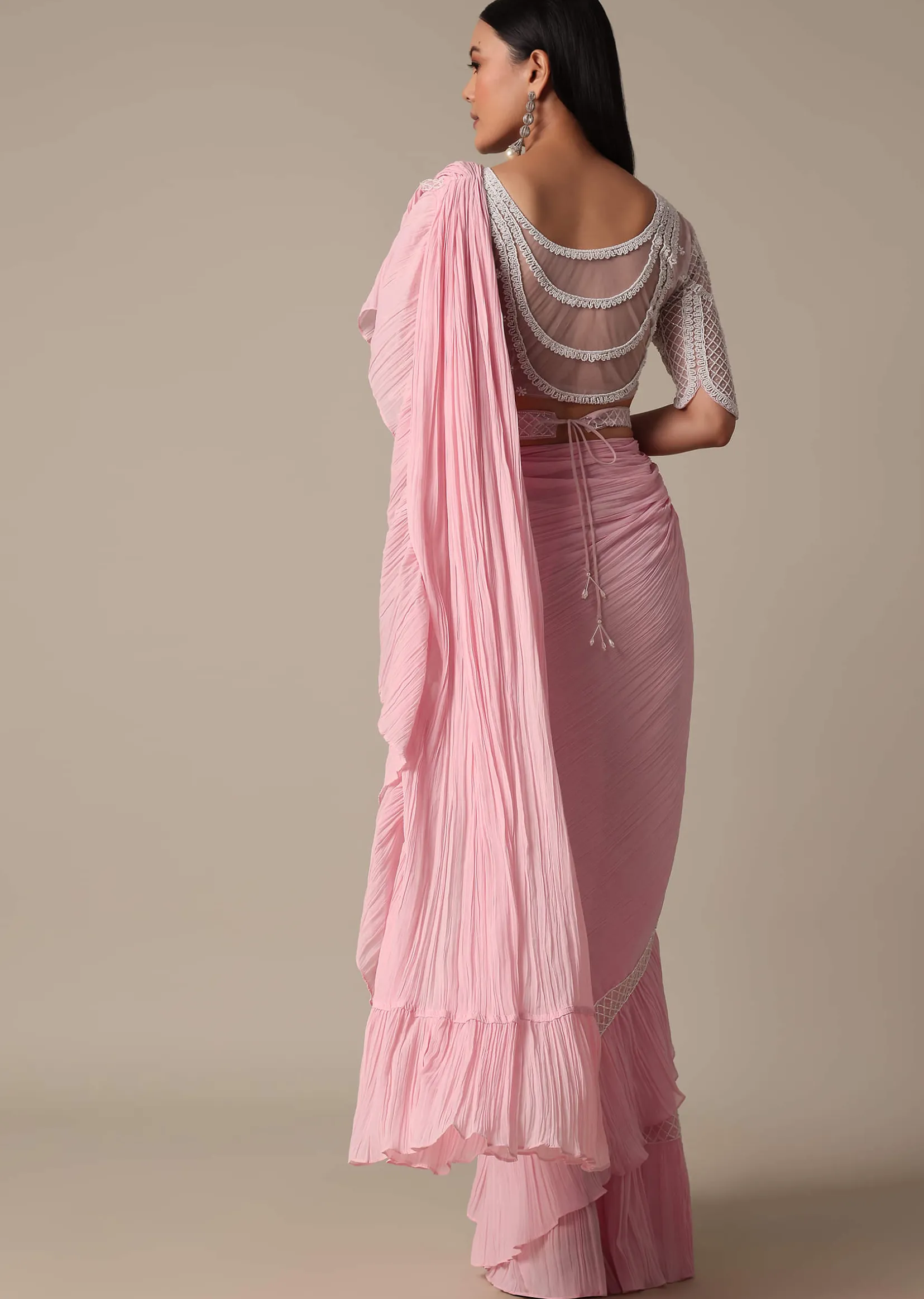 Pink Readymade Frill Saree With Heavy Bead Work Blouse