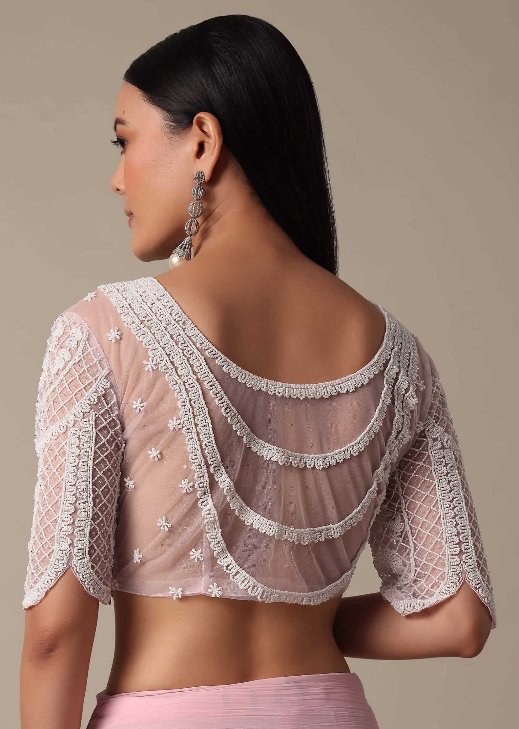 Pink Readymade Frill Saree With Heavy Bead Work Blouse