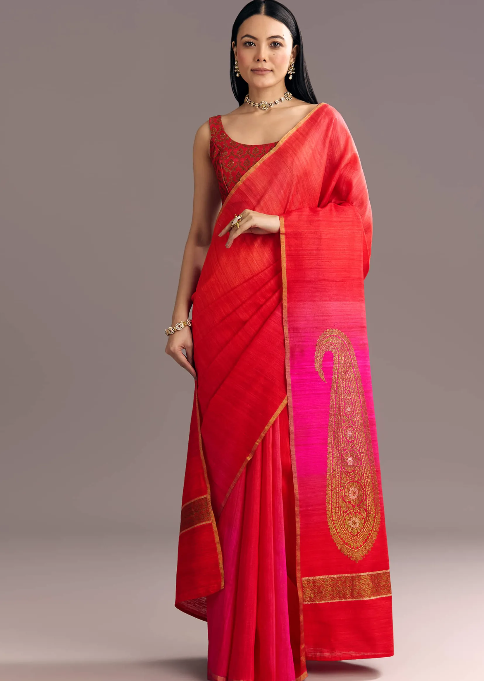 Pink Red Kora Silk Handloom Saree With Woven Traditional Motif