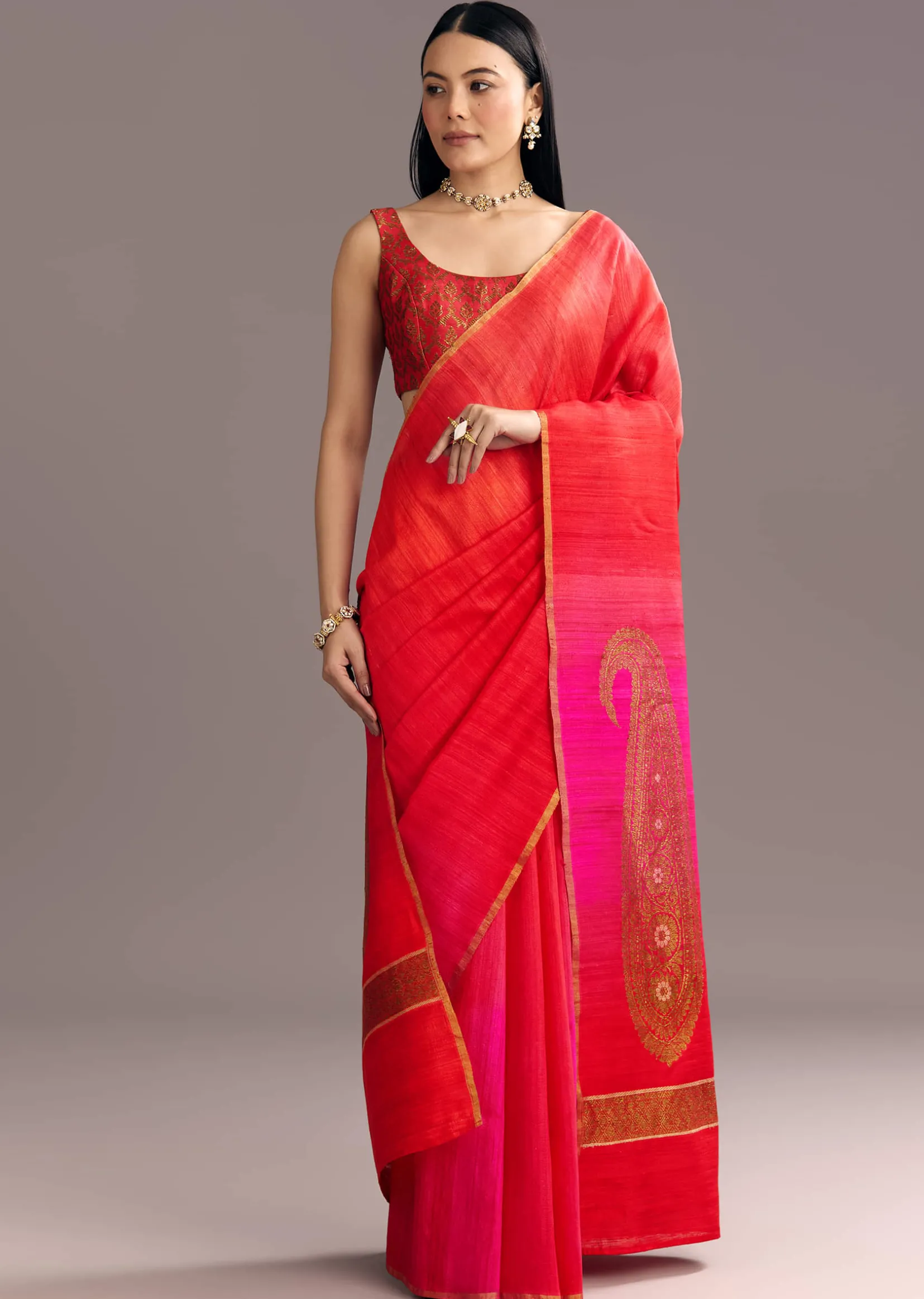 Pink Red Kora Silk Handloom Saree With Woven Traditional Motif