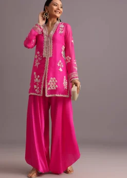 Pink Resham Work Kurti Palazzo Suit