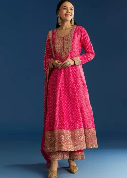 Pink Russian Silk Bandhani Anarkali With Leheriya Dupatta