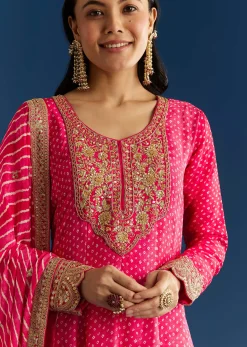 Pink Russian Silk Bandhani Anarkali With Leheriya Dupatta