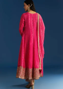 Pink Russian Silk Bandhani Anarkali With Leheriya Dupatta