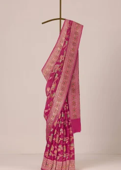 Pink Saree In Chanderi Crushed Silk Georgette With Zari Weave