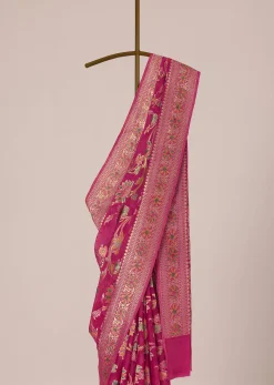 Pink Saree In Chanderi Crushed Silk Georgette With Zari Weave