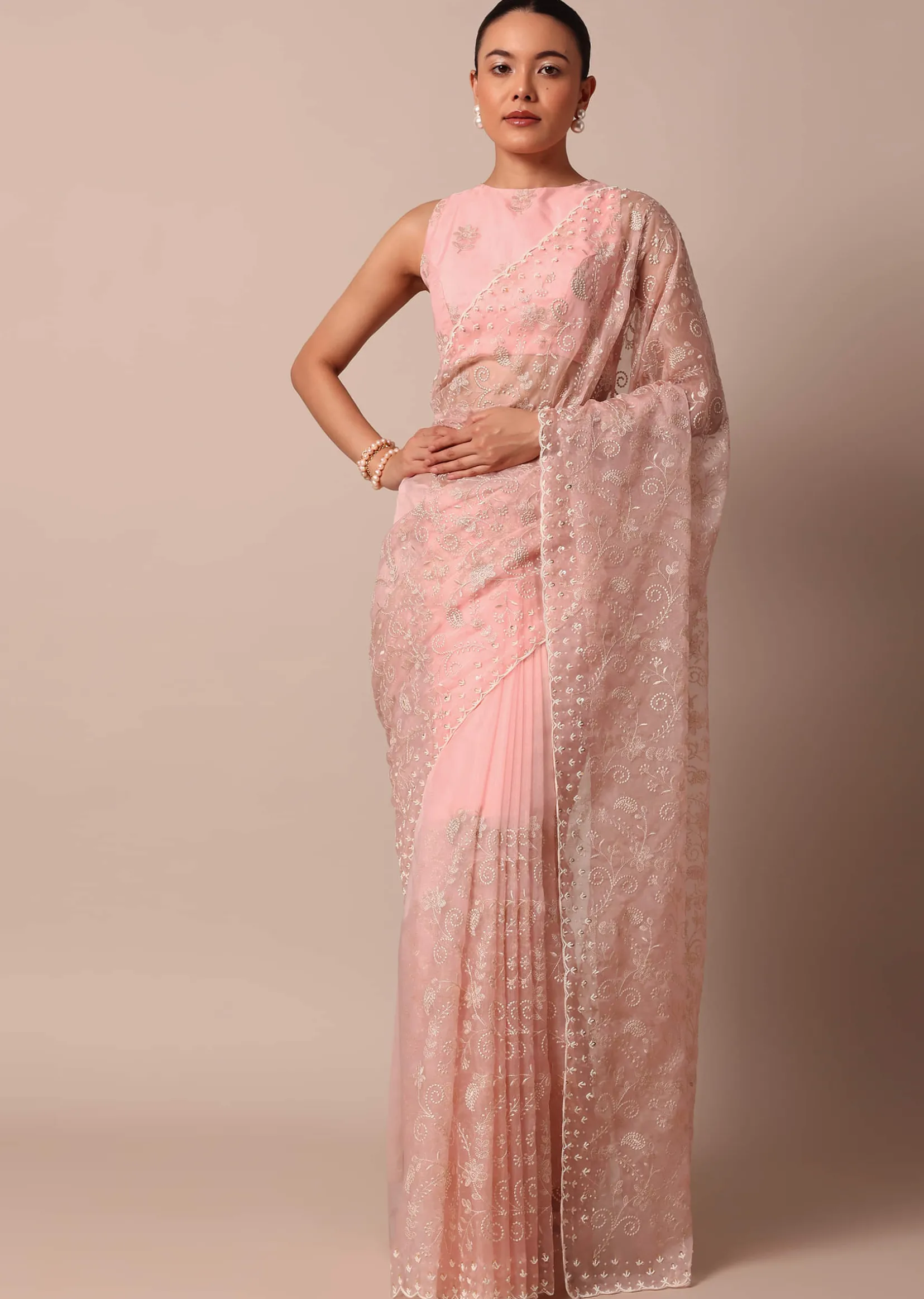 Pink Saree In Organza Silk With Chikankari Floral Work And Unstitched Blouse Fabric