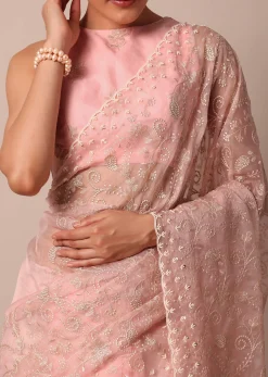 Pink Saree In Organza Silk With Chikankari Floral Work And Unstitched Blouse Fabric