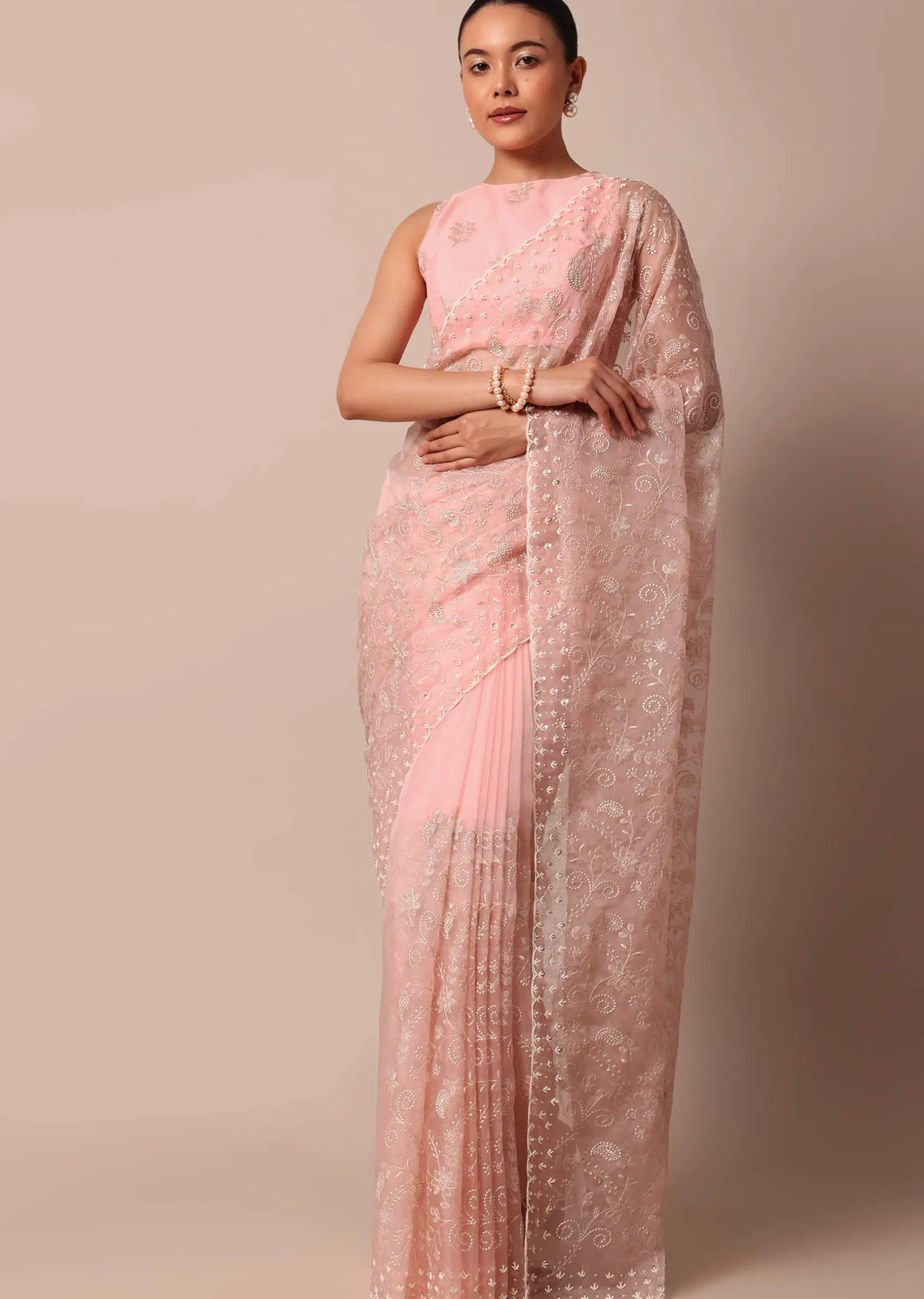 Pink Saree In Organza Silk With Chikankari Floral Work And Unstitched Blouse Fabric