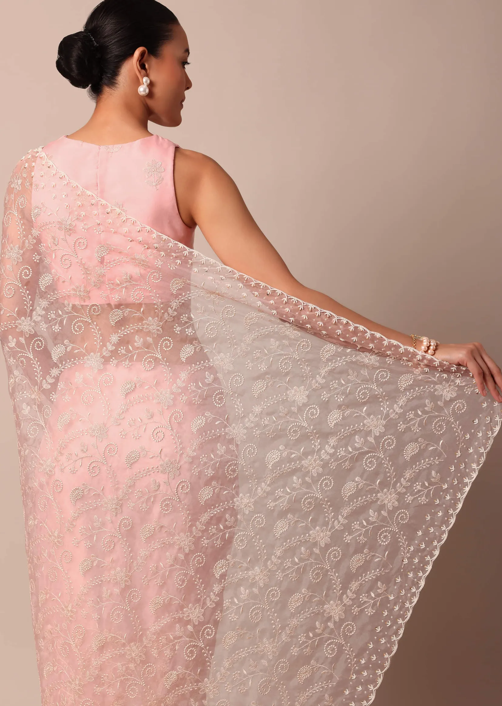 Pink Saree In Organza Silk With Chikankari Floral Work And Unstitched Blouse Fabric