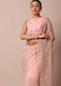 Pink Saree In Organza Silk With Chikankari Floral Work And Unstitched Blouse Fabric