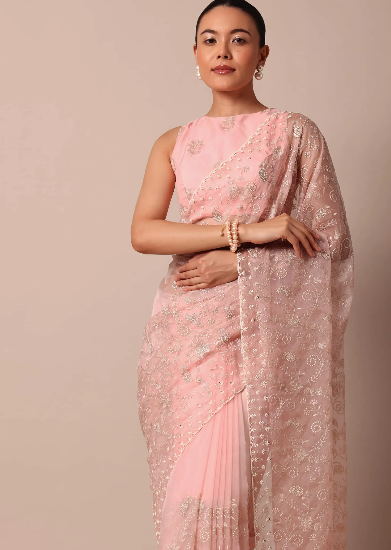 Pink Saree In Organza Silk With Chikankari Floral Work And Unstitched Blouse Fabric