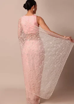 Pink Saree In Organza Silk With Chikankari Floral Work And Unstitched Blouse Fabric