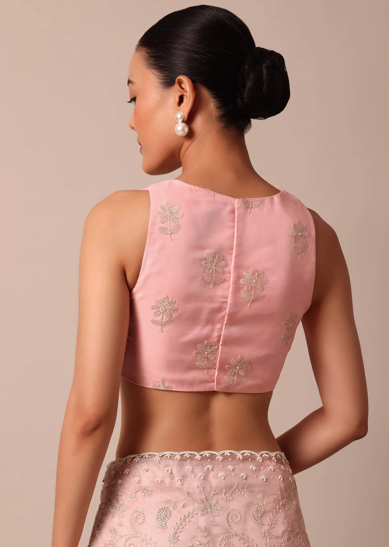 Pink Saree In Organza Silk With Chikankari Floral Work And Unstitched Blouse Fabric