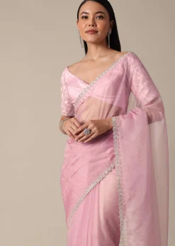 Pink Saree With Cut Dana Embellished Border Work