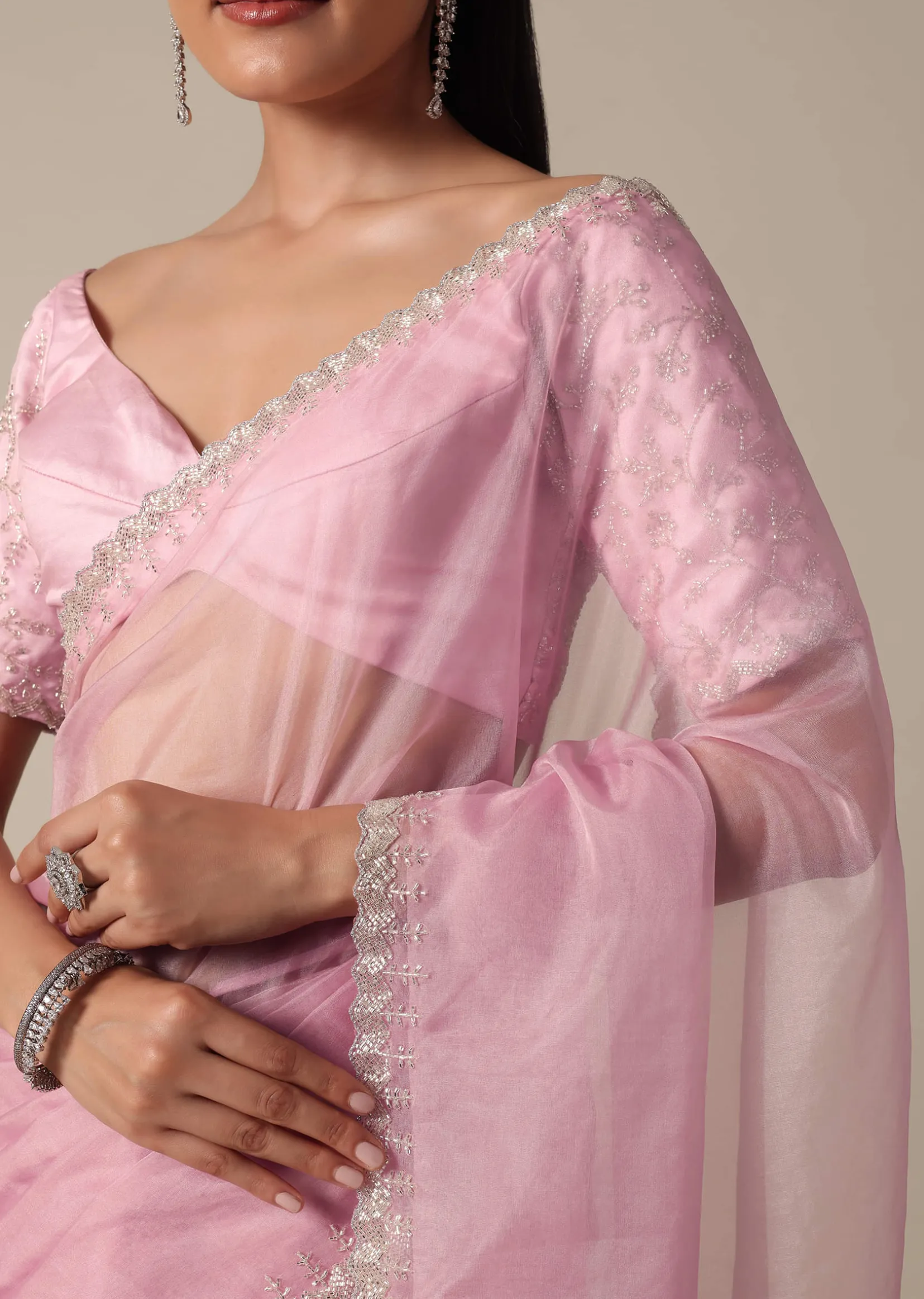 Pink Saree With Cut Dana Embellished Border Work